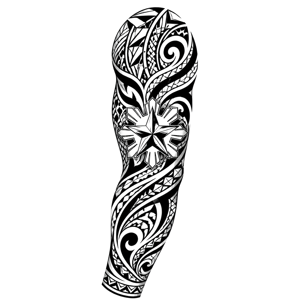 Half-sleeve composition of flowing Philippine tribal patterns converging around a central Philippine star, with the motifs wrapping naturally along the arm.