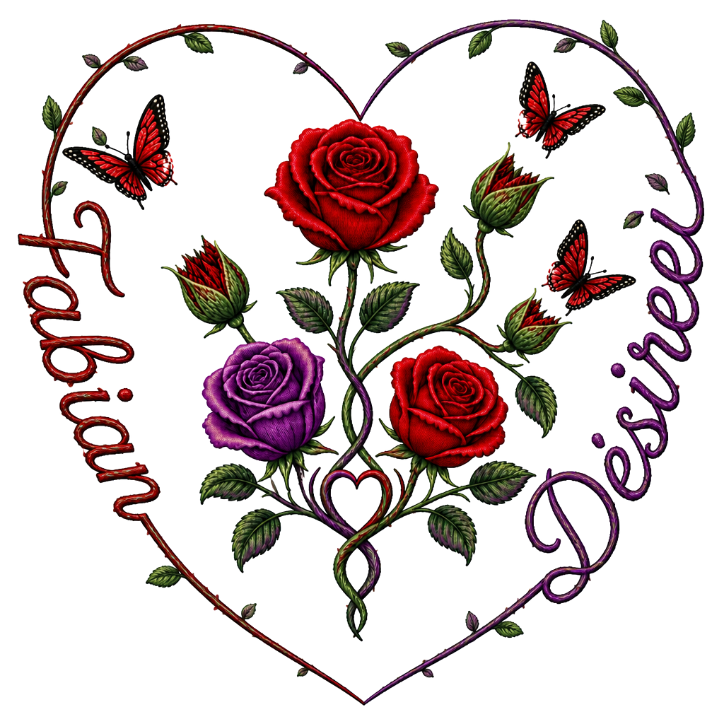 1 rote Rose, 1 geschlossene Rose wo ein Schmetterling entsteht,2 geschlossene Rosen an einen Strang wo aus den geschlossenen Rosen Schmetterlinge entstehen, 1 lila Rose und 1 rote Rose. Alles zusammen mit den Namen Fabian und Dèsirèe verbunden