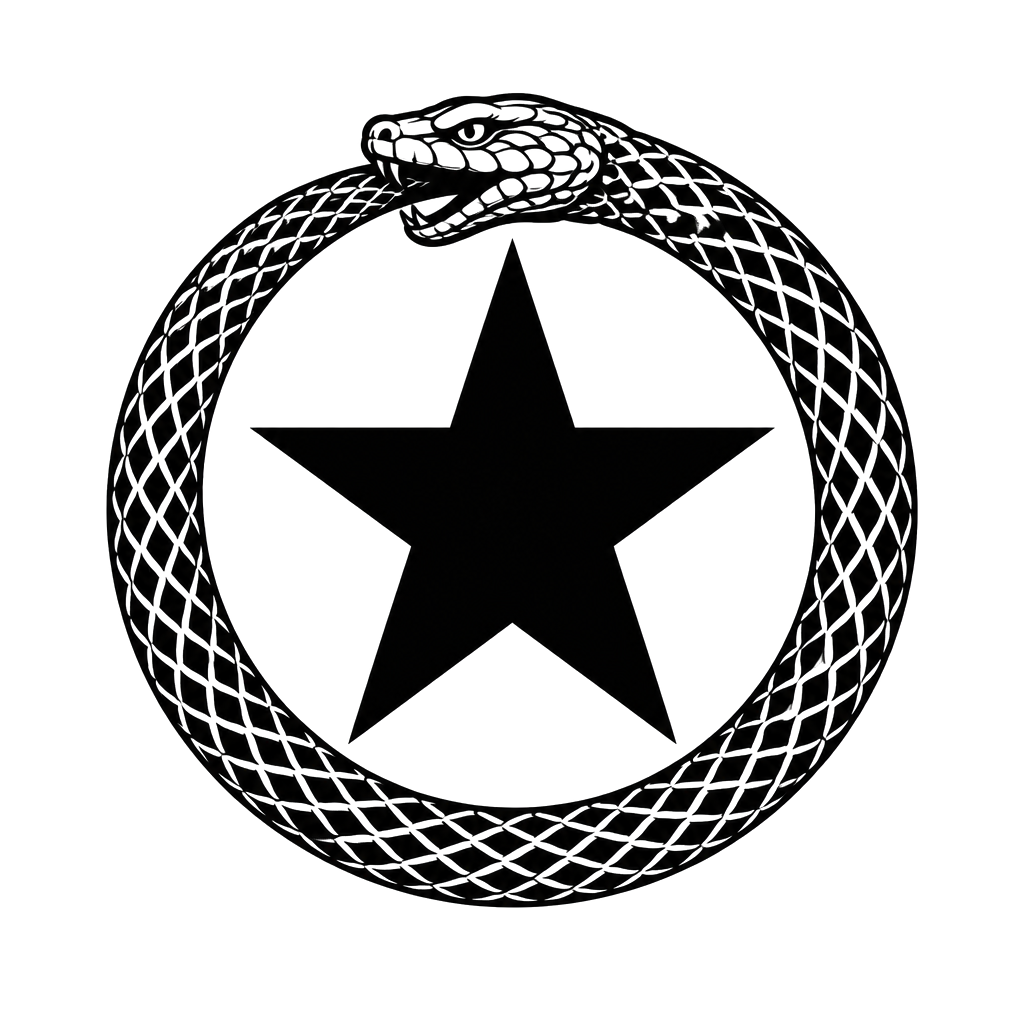 An ouroboros snake circling a bold black star