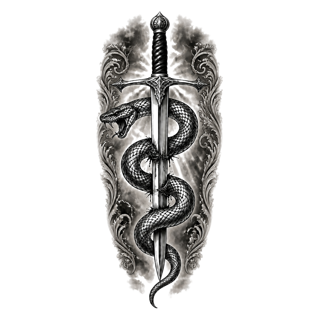 A sword going through a snake