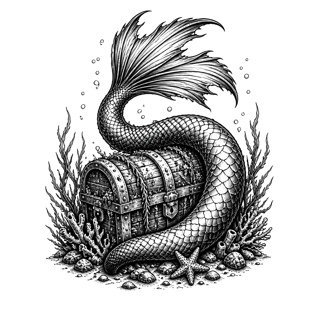 A siren's tail curling around a sunken treasure chest
