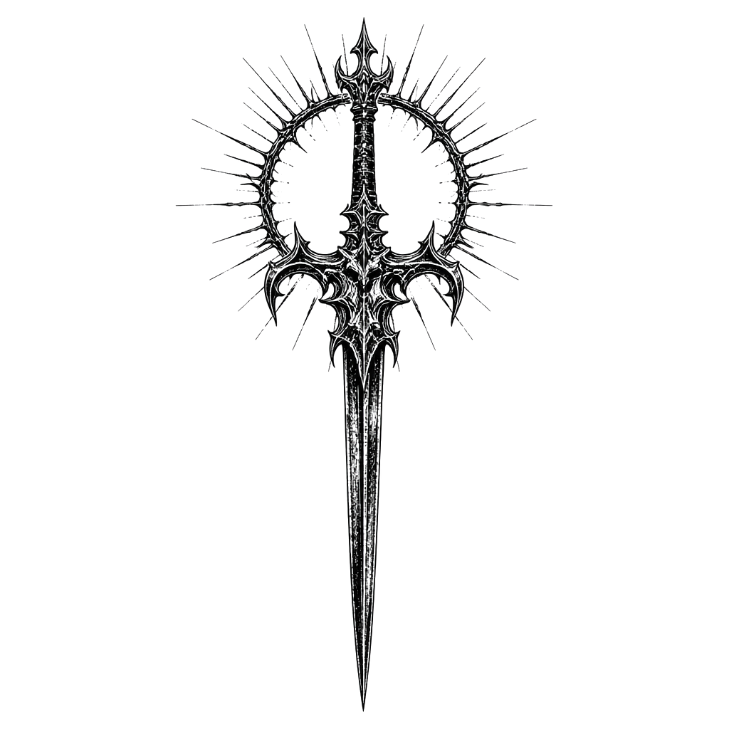A vertical blackwork tattoo design featuring an ornate, gothic medieval sword viewed straight-on. The sword has an extremely long, narrow, pointed blade extending downward, with a dark distressed ink texture along the blade. The hilt is highly elaborate and symmetrical, featuring sharp, curling ornamental details and small gothic flourishes. Behind the upper part of the sword is a large circular halo made from a rough, thorn-like ring, surrounded by many thin, irregular black rays and spikes