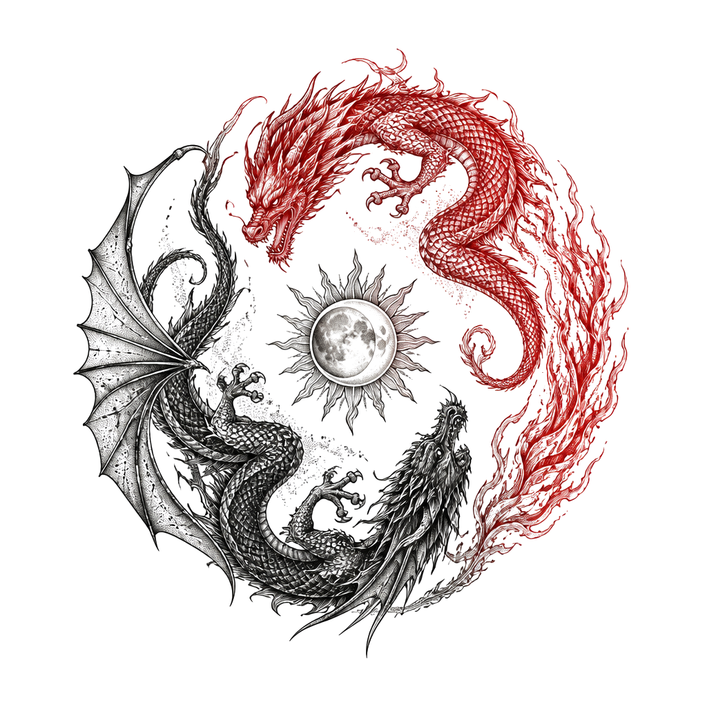 Un dragon rouge avec la queue en flamme et un dragon noir un peu différent avec des ailes, placé à l’envers comme le ying et le yang, avec au milieu des deux dragons une lune et un soleil