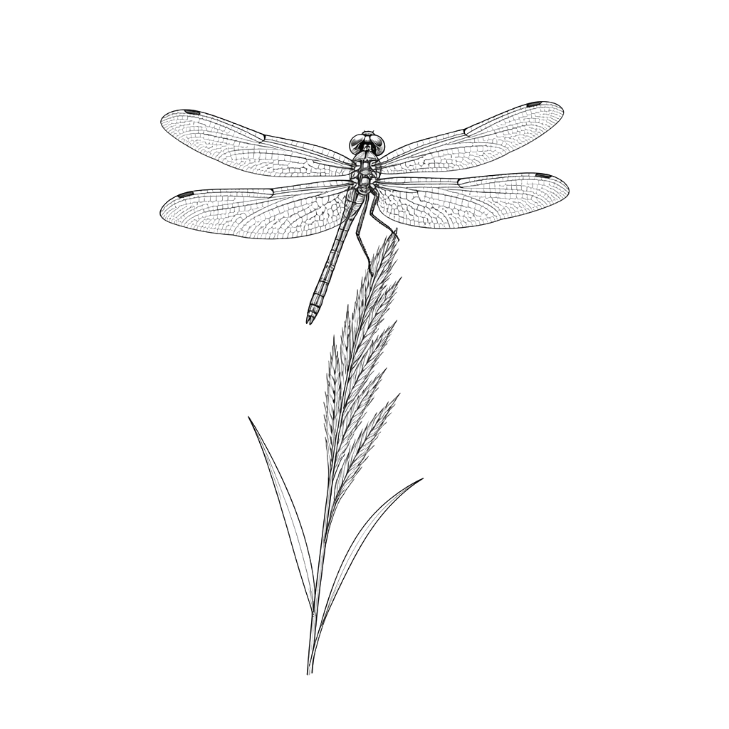 A dragonfly balanced on a reed tip