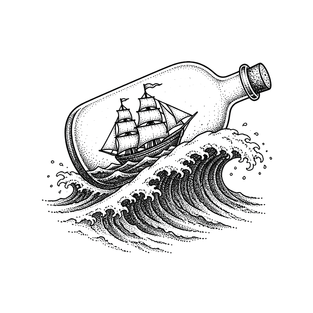 A ship in a bottle riding a real wave