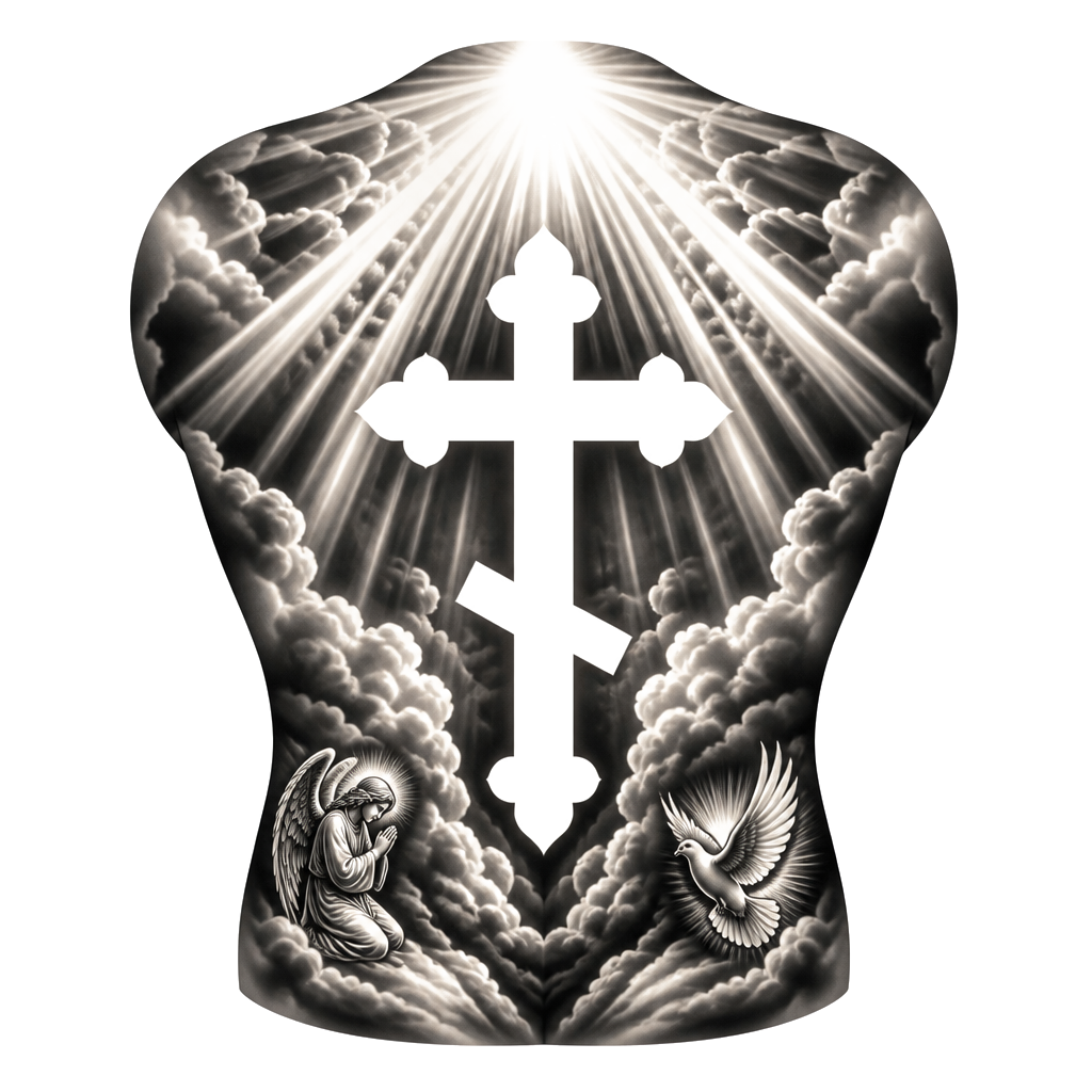Full back piece with a Christian orthodox cross tattoo in negative space. I want sunrays to border the top and upper corners. Add two other smaller pieces in both lower corners. Keep simple