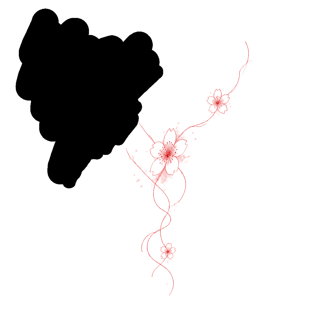 Cherry blossom with vine like leaves/vines, on right shoulder back and front in red ink