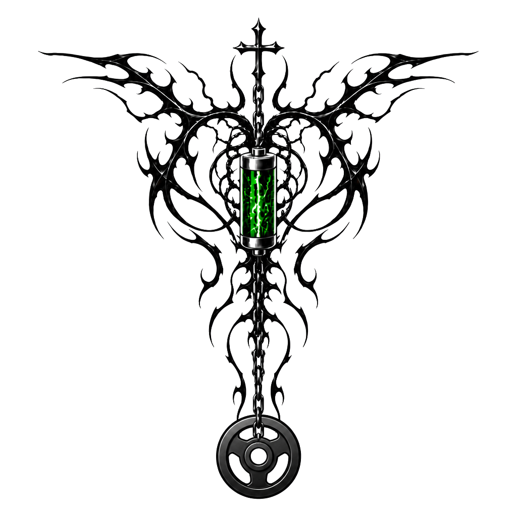 Design me a tattoo for my back that goes from shoulder blade to shoulder blade and these down into the spine with a chain hanging, and a battery powering the tattoo