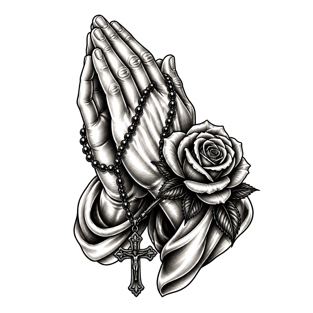 Praying hands holding a rosary and a rose