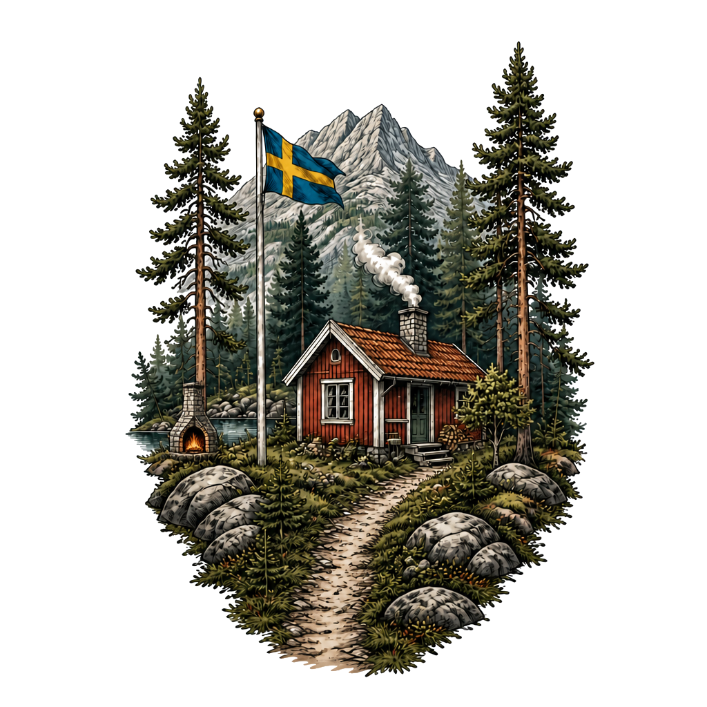 Swedish forest with a little Wood Cabon with a chimney and a flagpole with swedish flag
