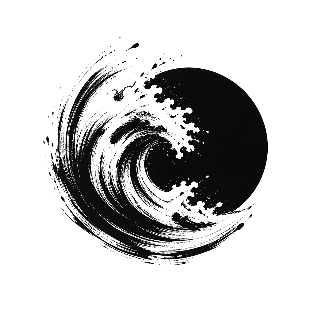 Brushstroke waves crashing into a solid black circle