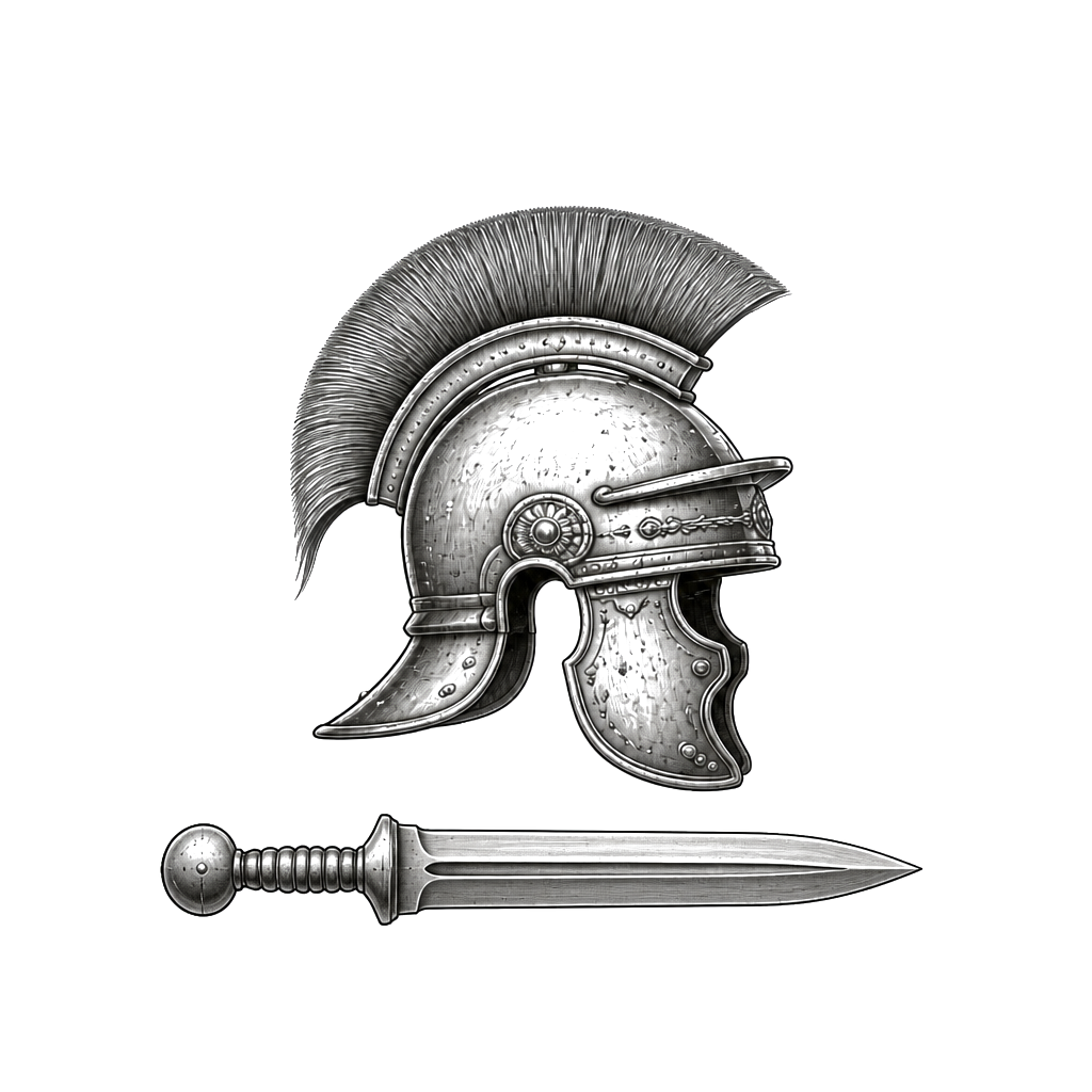 “Veni vini vici” in Roman lettering and over a Roman helmet with a Roman sword underneath