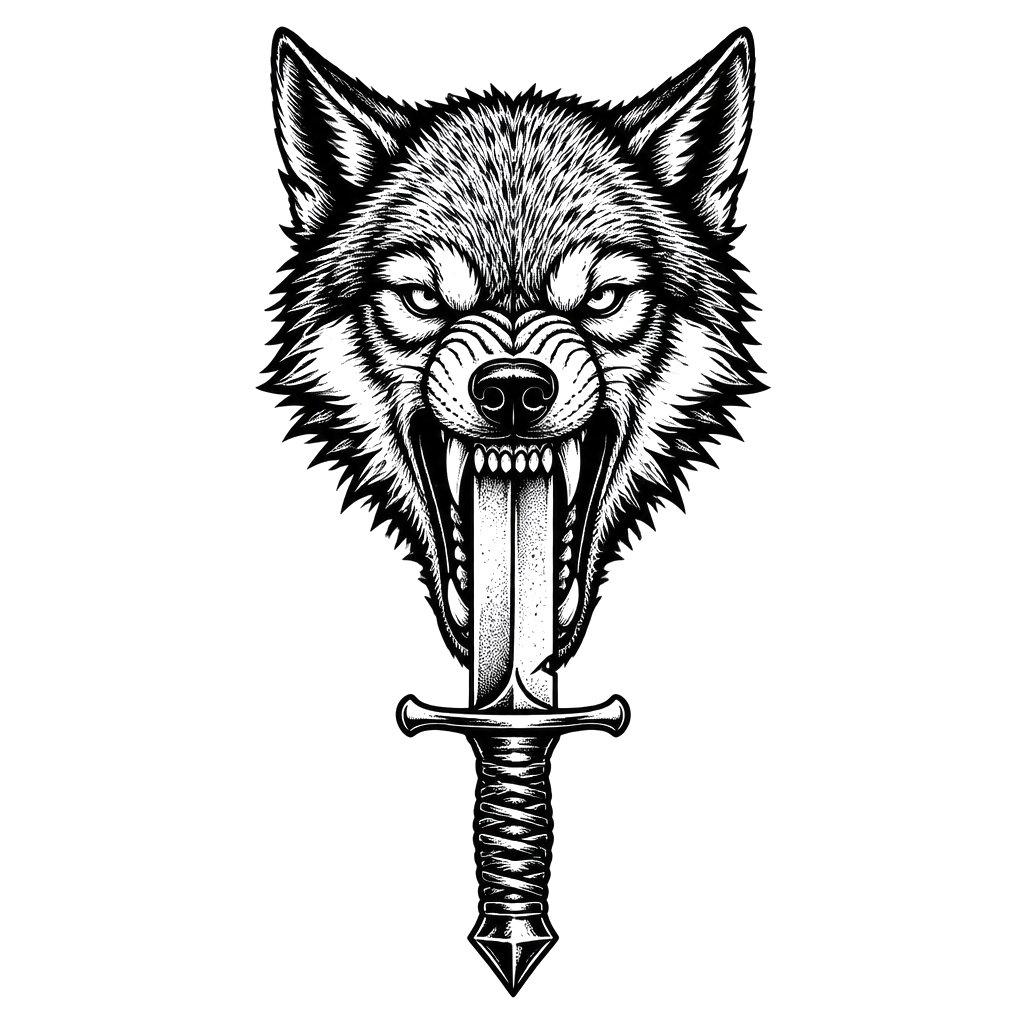 A wolf's jaws clamped around a dagger blade