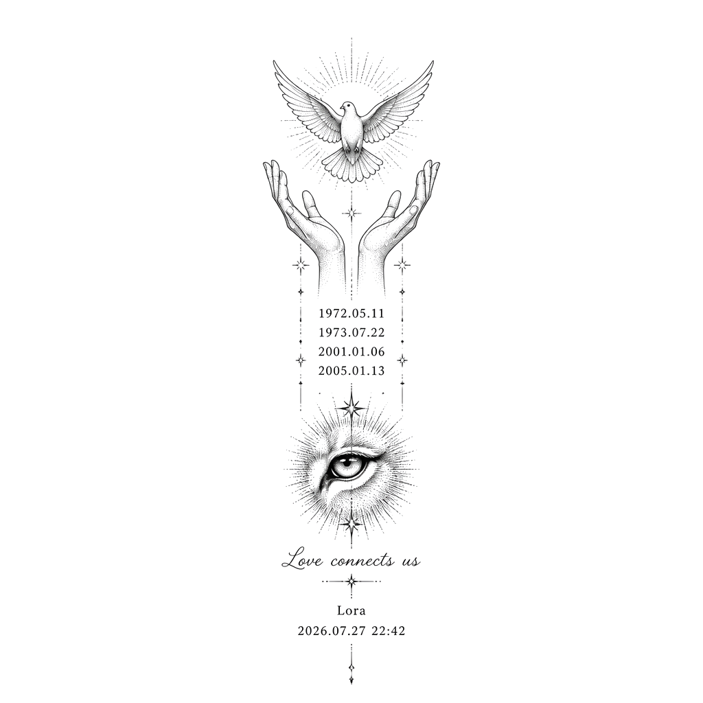 Create a small dotwork-style tattoo for the triceps.

It should include:

* “Love connects us”
* “Lora 2026.07.27 22:42”
* Above it, a lion’s eye
* 1972.05.11
* 1973.07.22
* 2001.01.06
* 2005.01.13
* Above that, two hands with a dove above them