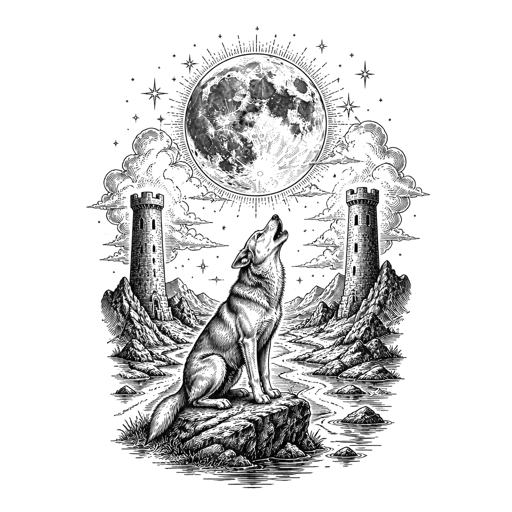 The Moon tarot card with two towers and a howling dog