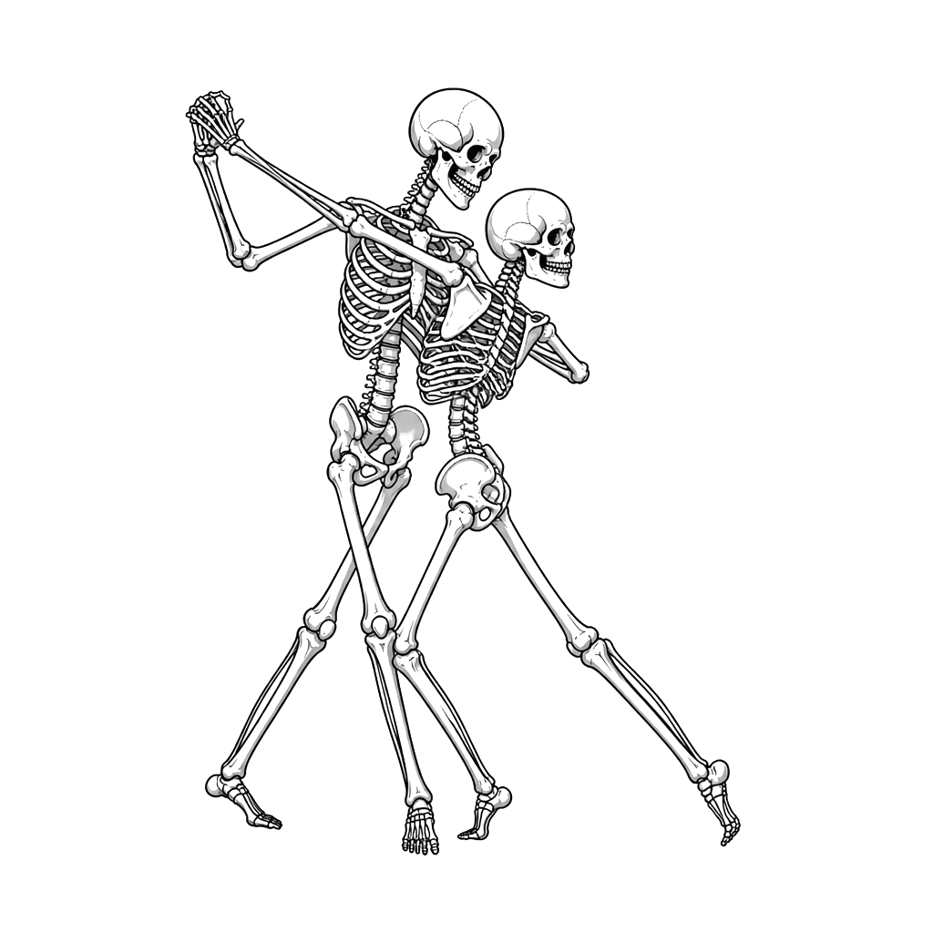 two lovers dancing a graceful dance with an open stance, but as skeletons.
