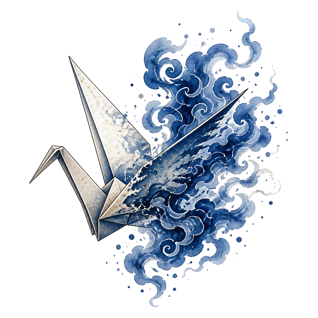 A paper crane dissolving into indigo mist