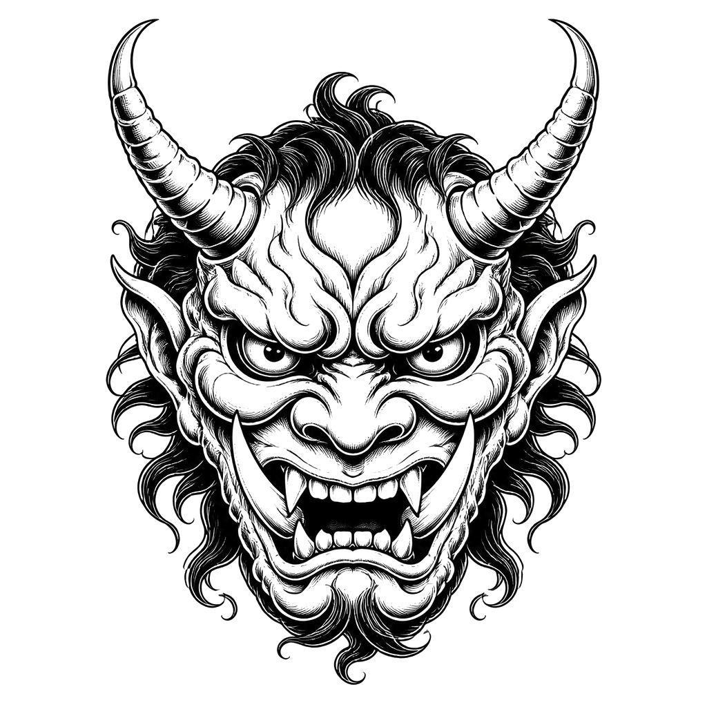 An oni demon face with curling horns and bared tusks