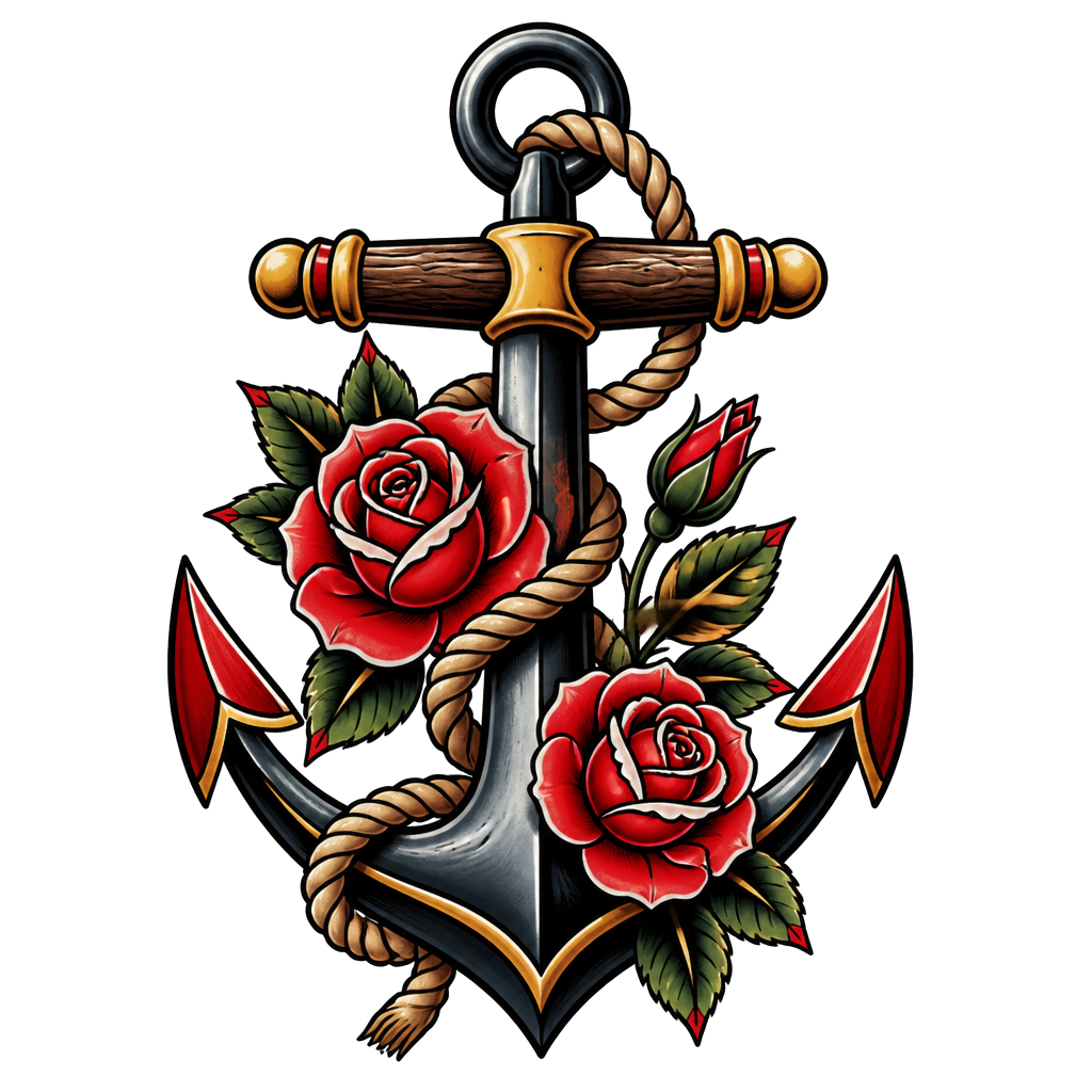 An anchor wrapped in rope and roses