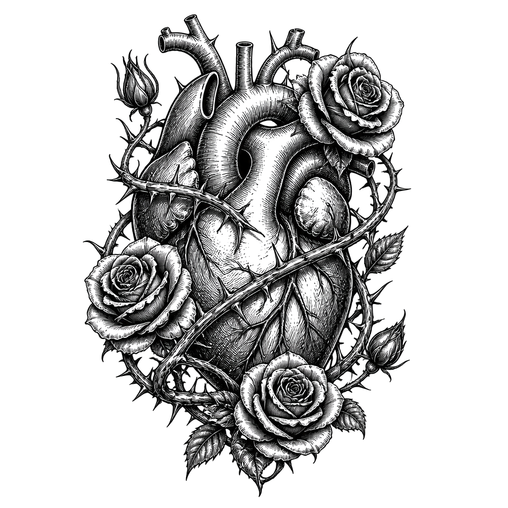 An anatomical heart wrapped in thorned roses