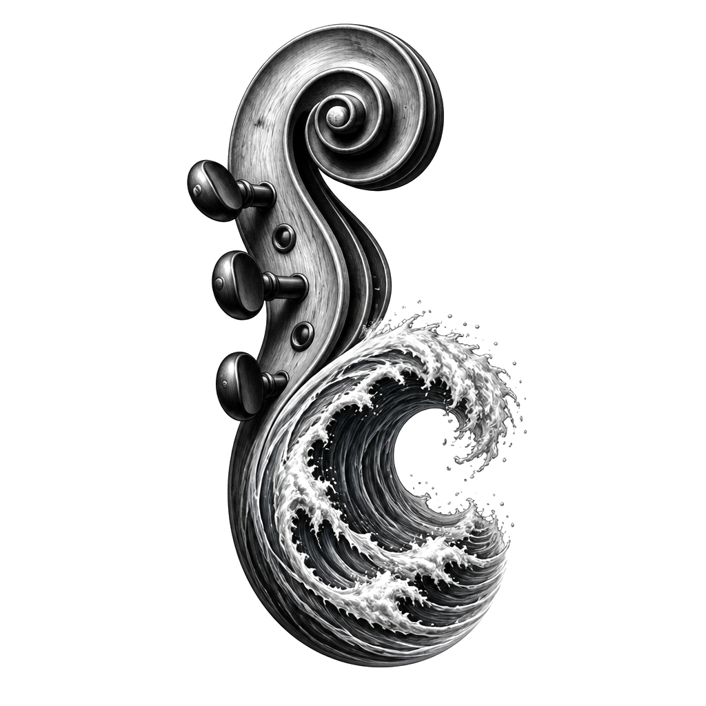 A violin scroll curling into an ocean wave