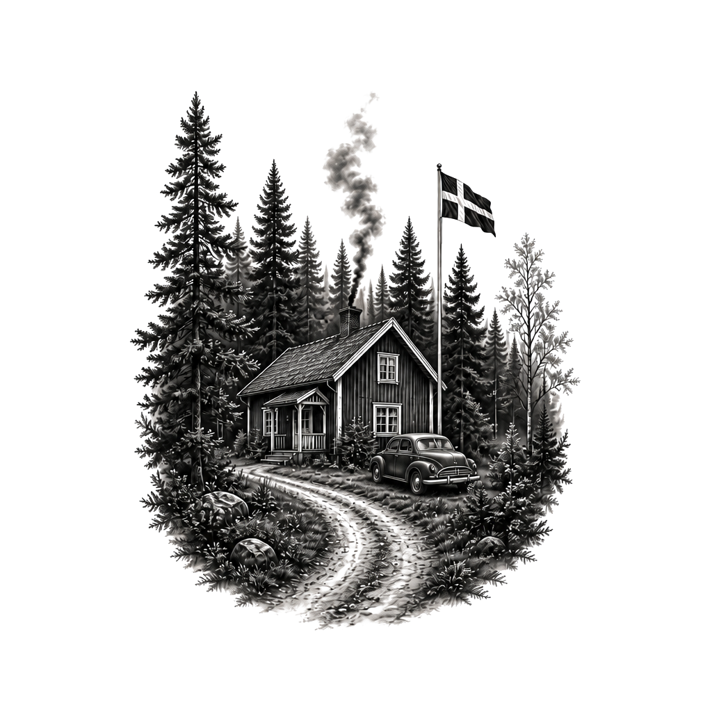 A forest with a house thats typical from swedens Wood and a old car next to the house and a flagpole with swedish flag and smoke coming from the chimney and a road coming the house