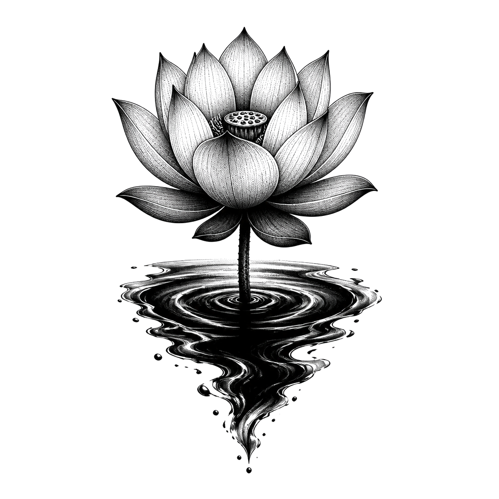 A lotus rising from dark water, dotwork shading