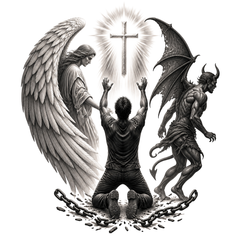 A kneeling figure between a protective angel’s wing and a retreating demon, hands raised toward a radiant cross, with broken chains beneath symbolizing strength through God.