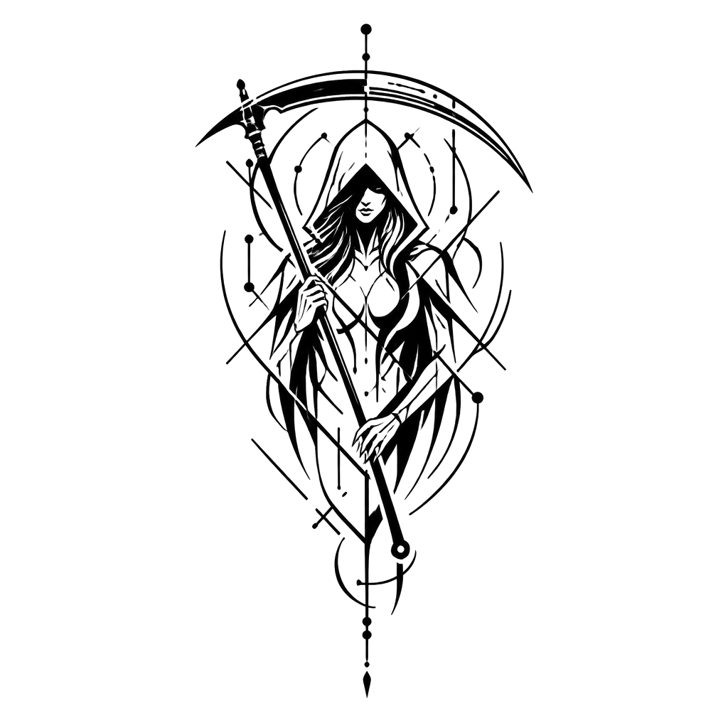 A woman reaper holding a scythe