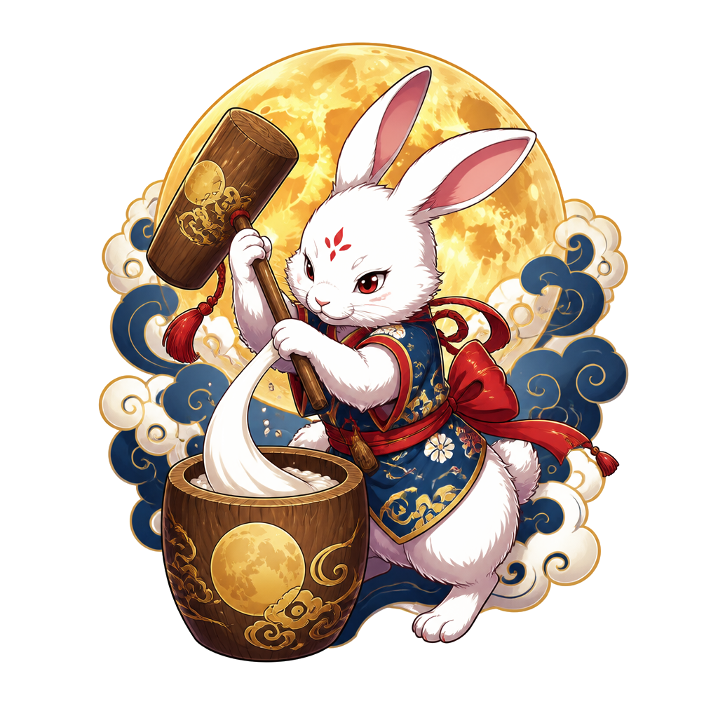 A moon rabbit pounding rice cakes