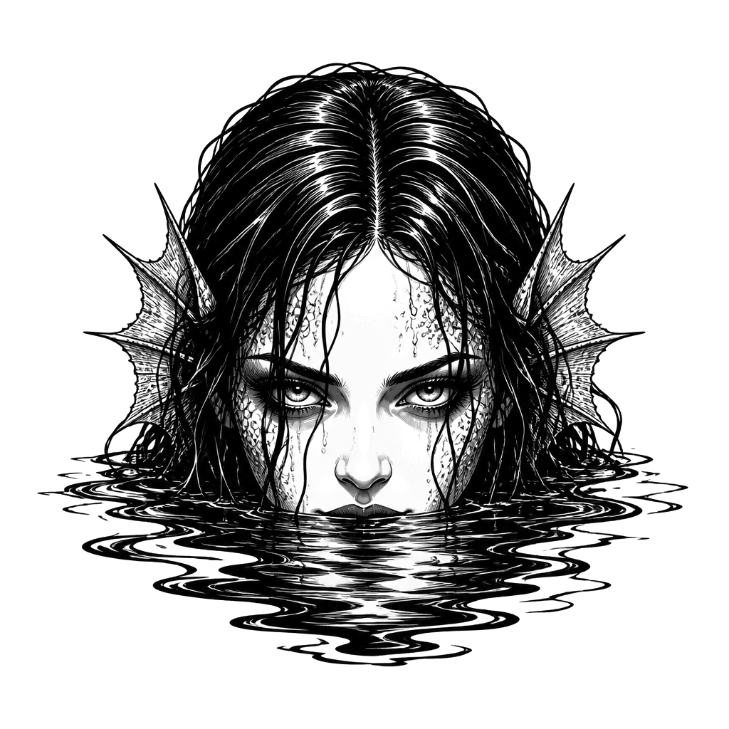 A siren's face rising from dark water with wet hair