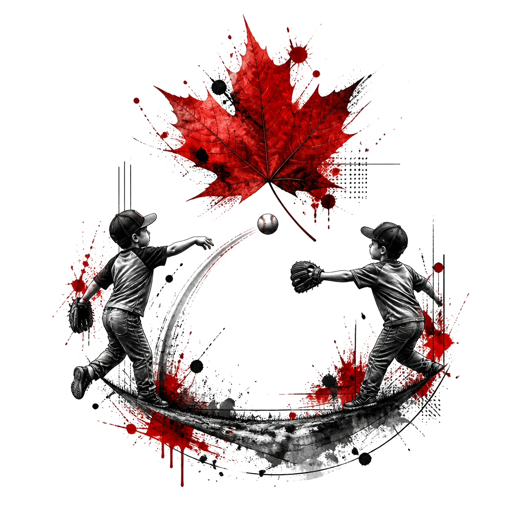 Two young boys mid-throw beneath a September maple leaf, a baseball arcing between them, with “Gardner” subtly curved along the ground.