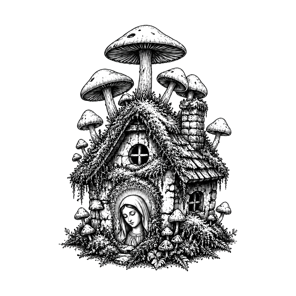Mushrooms and moss overtaking a tiny house