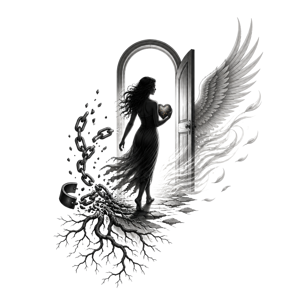 A woman’s silhouette stepping from cracked restraints into an open doorway, carrying a small mended heart; behind her, broken chains become roots, and ahead, unfurling wings.