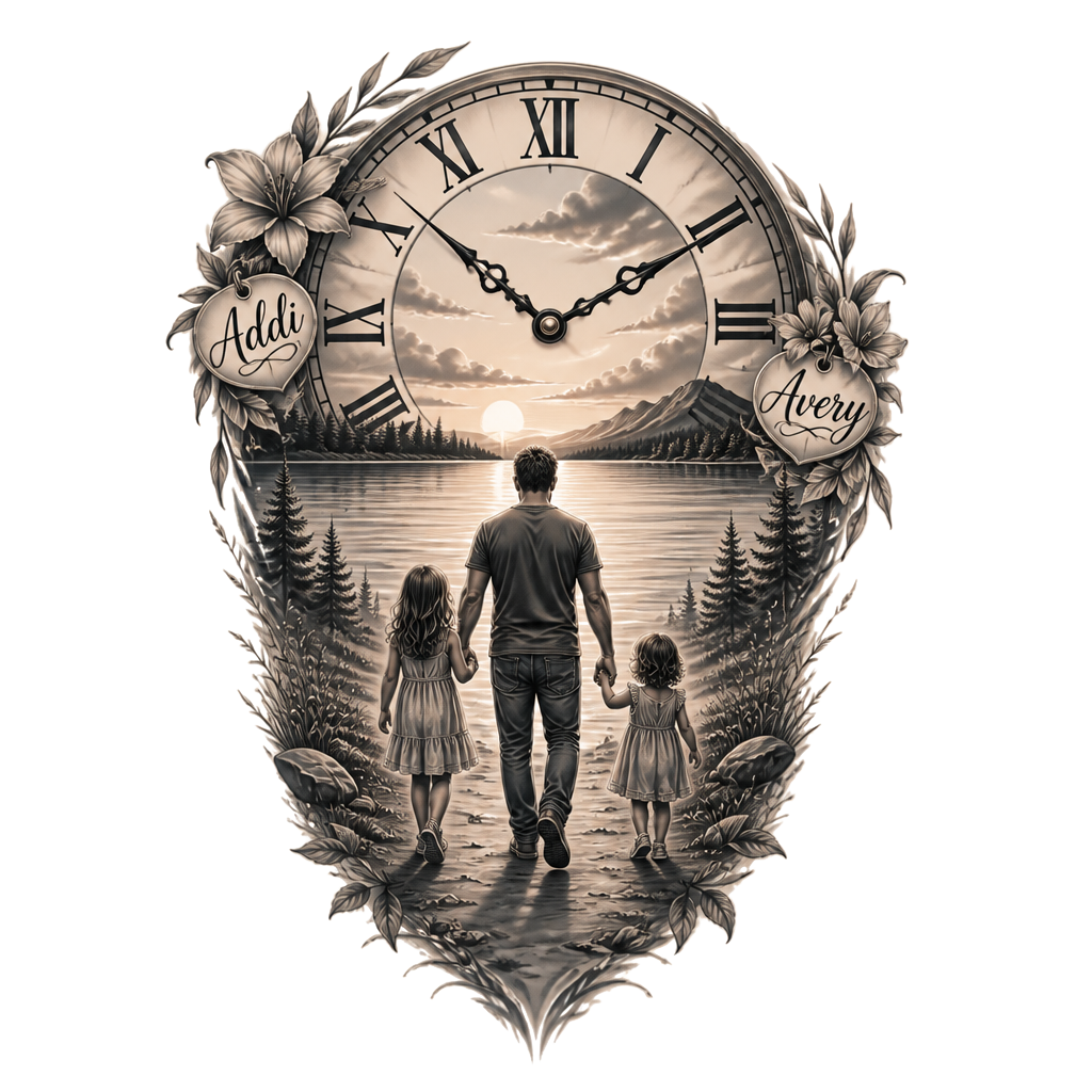 Lake background with a dad and two little girls walking towards it holding hands. One girl taller than the other. A clock with Roman numerals and the little girls names Addi and Avery somewhere in it.