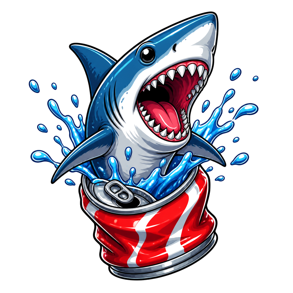 A cartoon shark bursting out of a soda can