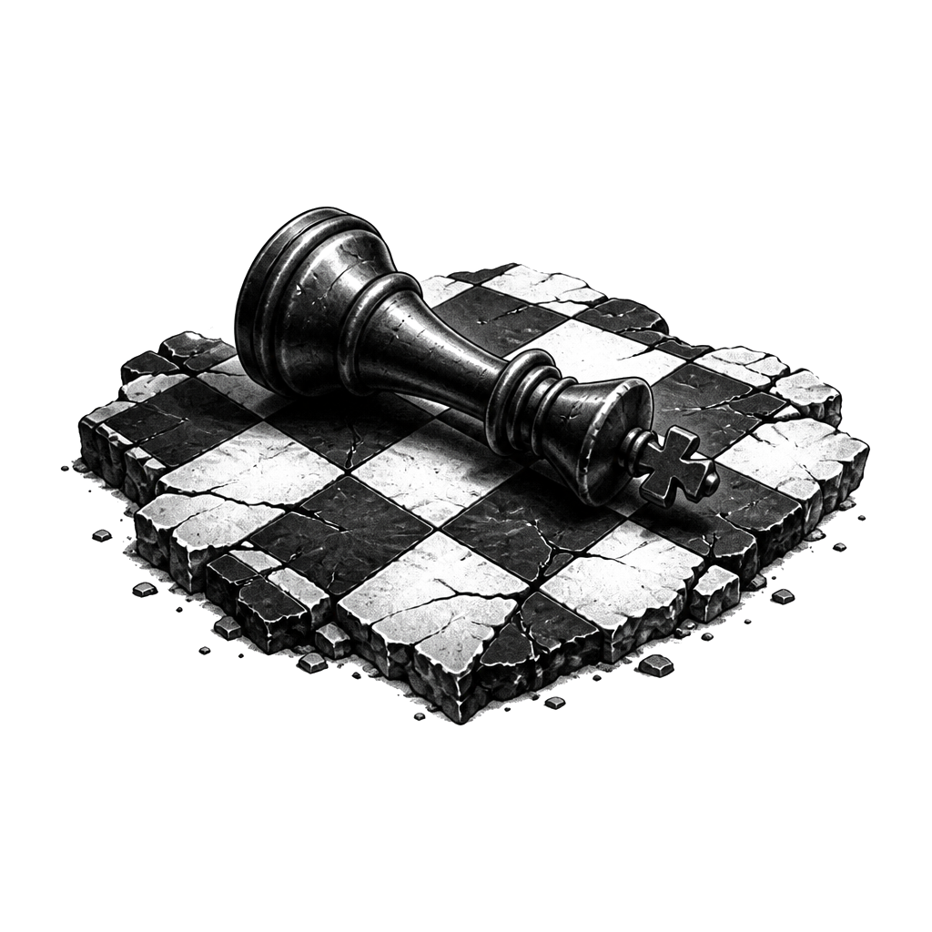 A toppled chess king on a cracked chessboard