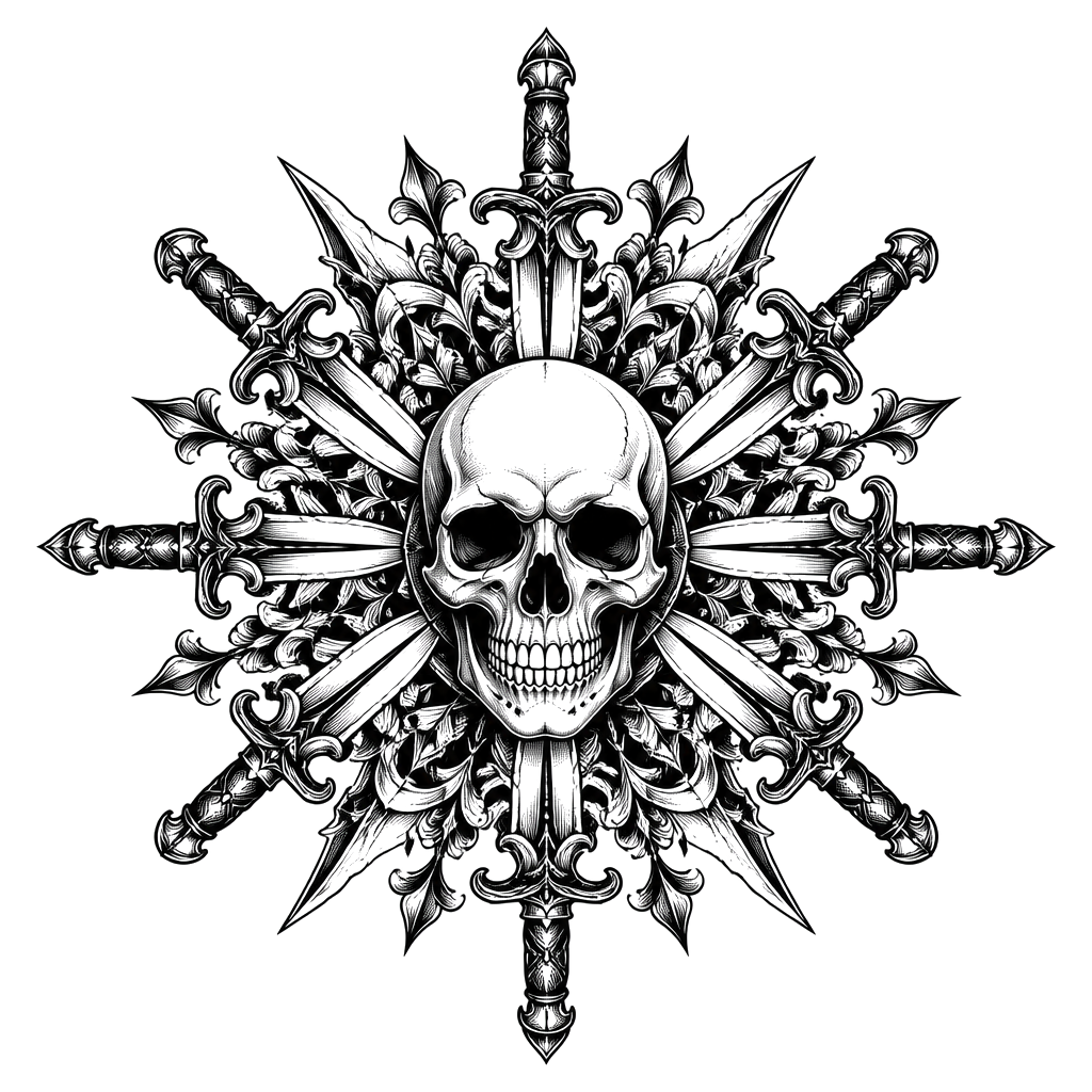 A skull centered in a symmetrical mandala of daggers