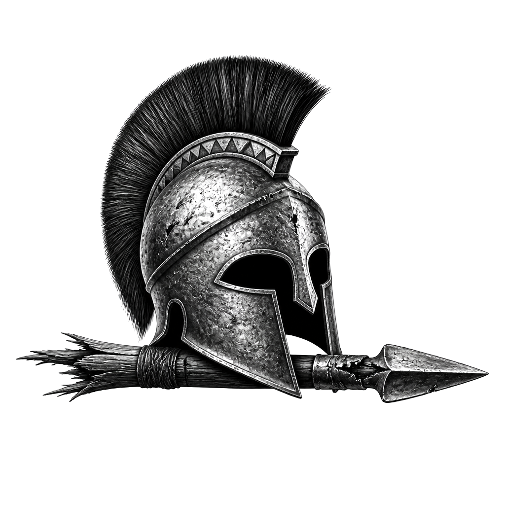A Spartan helmet resting on a broken spear