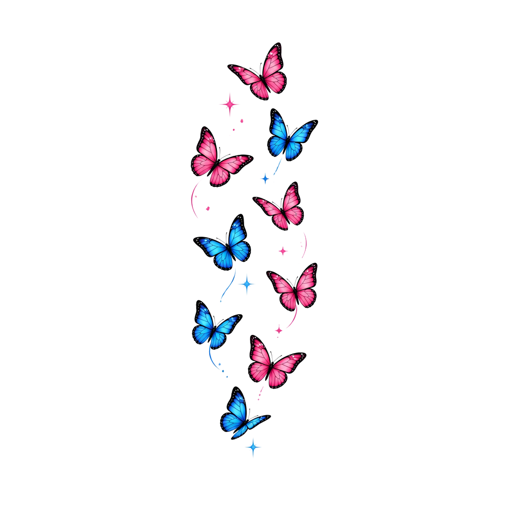 Draw me a tattoo with nine small butterflies, and five of them being pink and four of them being blue. These will need to go small because they are going on a females upper arm.