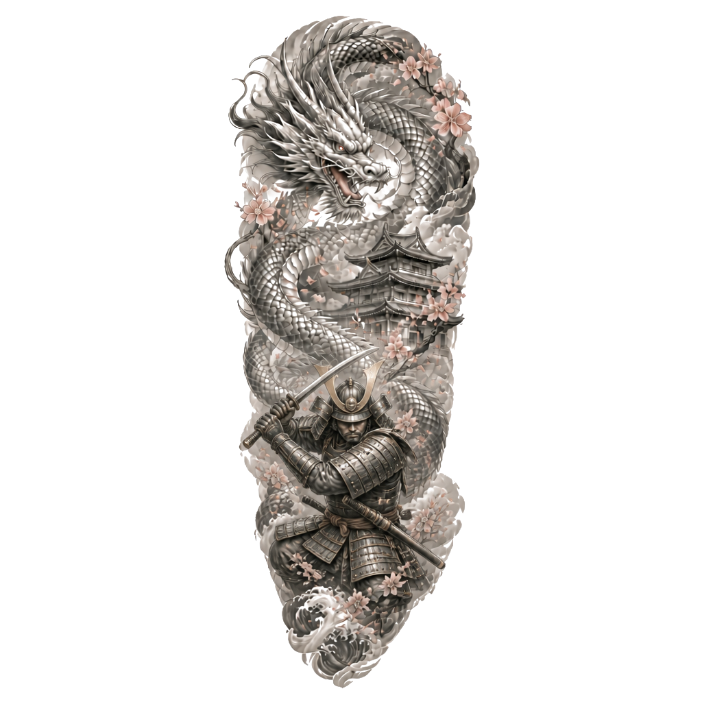 A sleeve tattoo for a man. A Japanese dragon, a warrior, a Japanese building, and some cherry blossoms with a little bit of colour