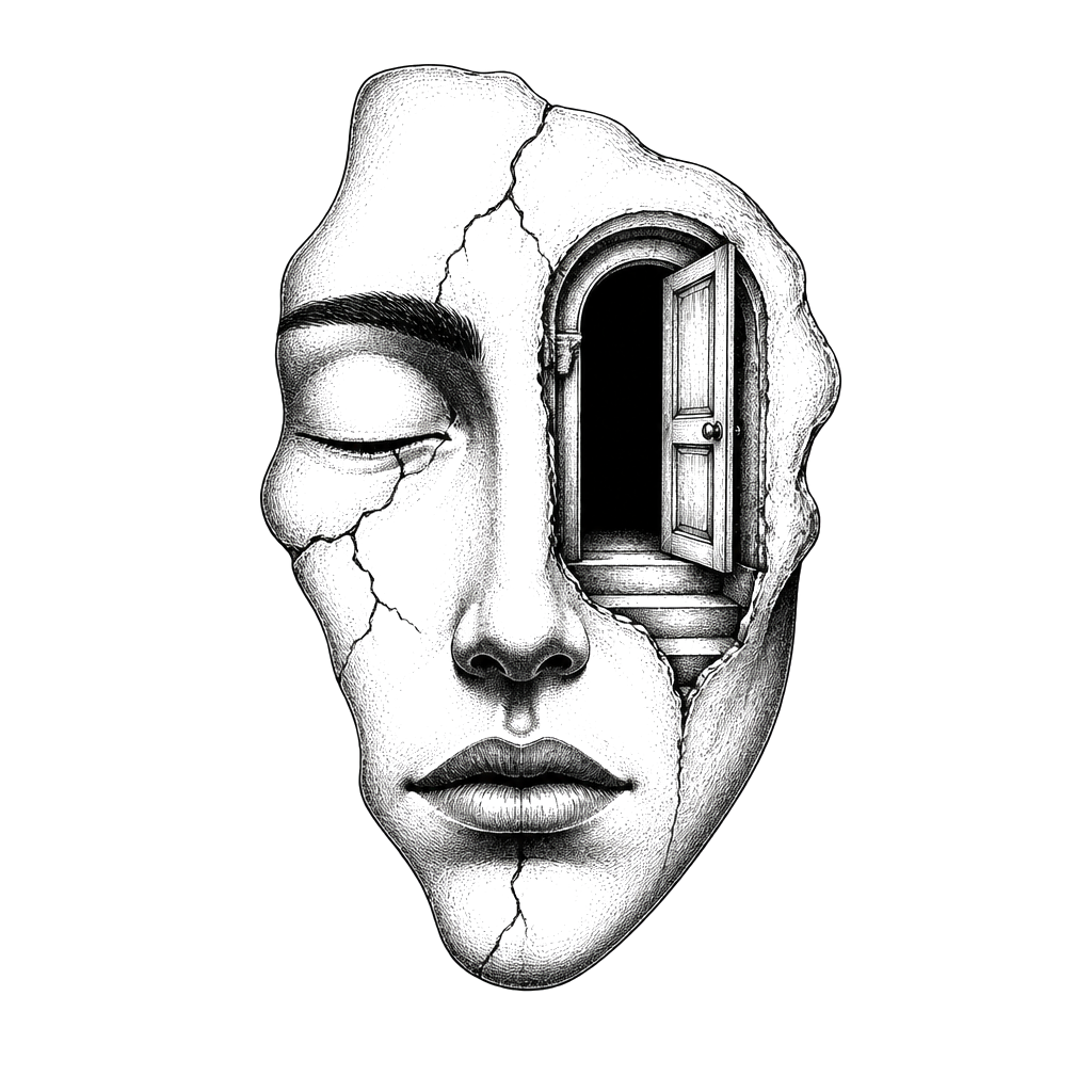 A face with a door where the eye should be