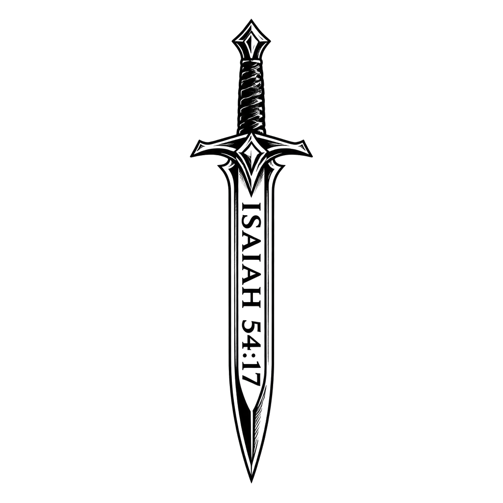 The words “Isaiah 54:17” inside a sword.