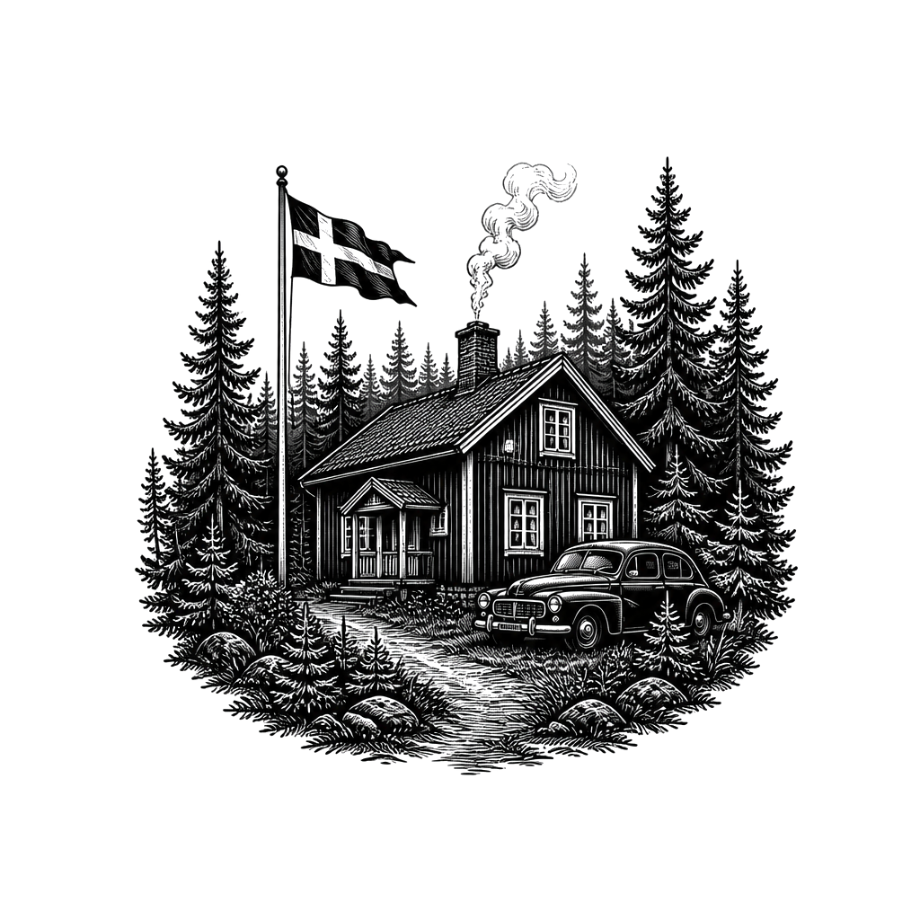A forest with a house thats typical from swedens Wood and a old car next to the house and a flagpole with swedish flag and smoke coming from the chimney