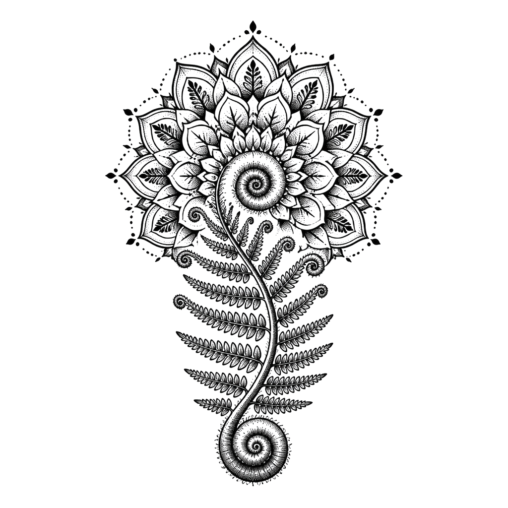 A fern frond unrolling into a mandala