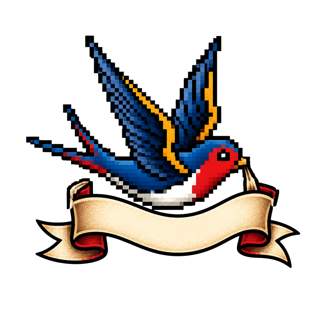 An 8-bit swallow carrying a banner
