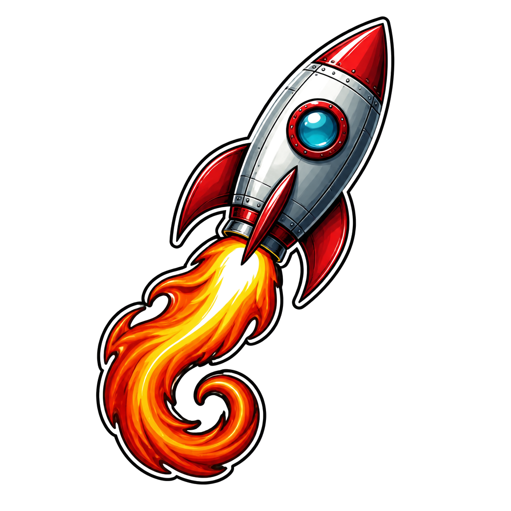 A rocket with a curling flame trail