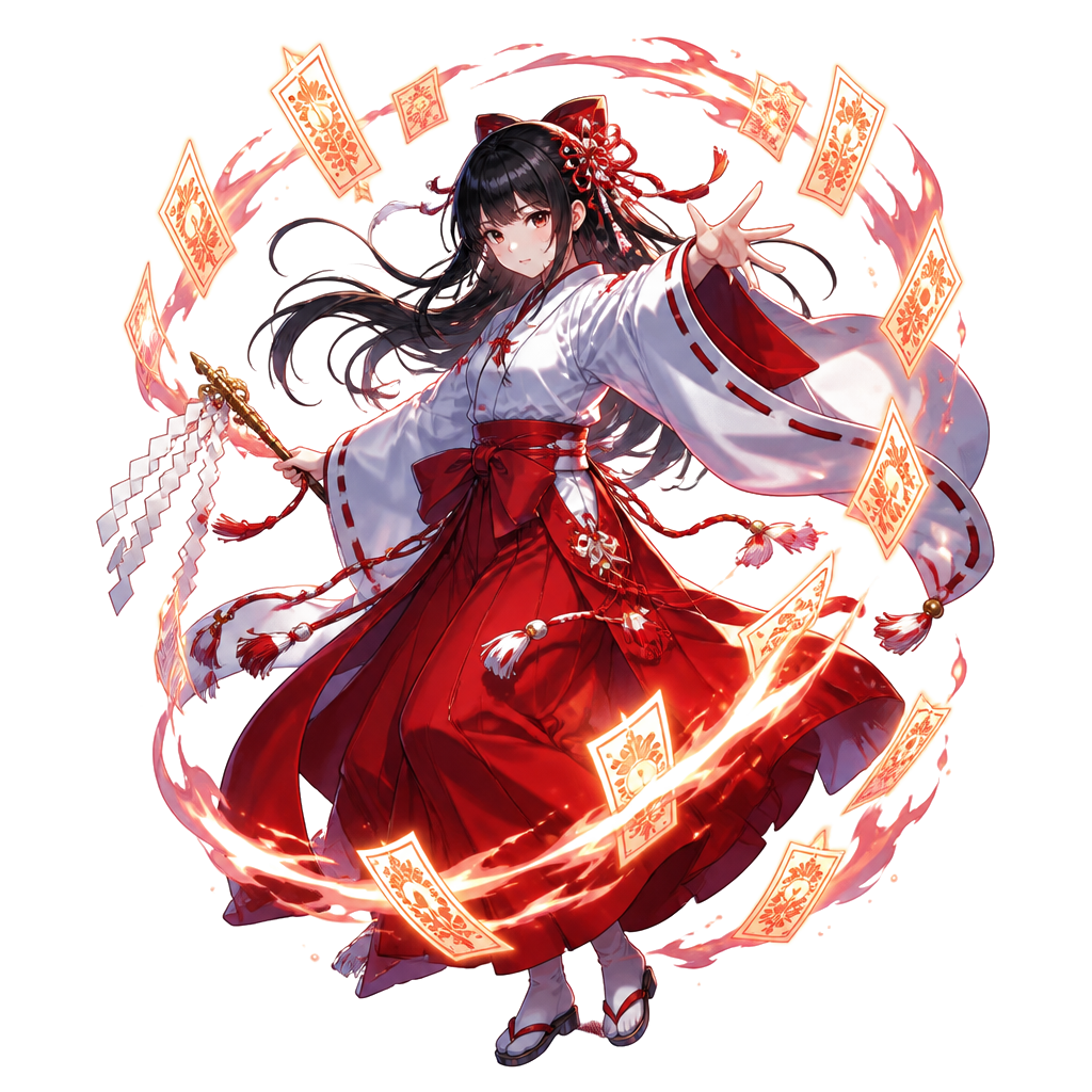 A shrine maiden summoning glowing paper talismans