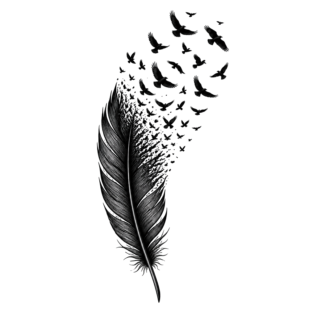 A single raven feather dissolving into a flock of birds