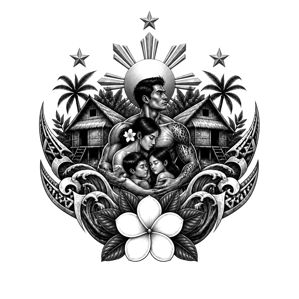 Visayan, made up of strength, love, huts, protection, family, water Phillipines sun and stars and the national flower